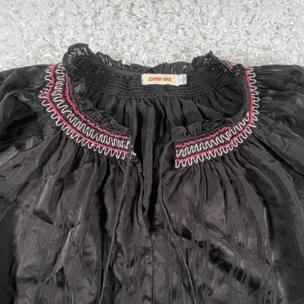 Johnny Was L Silk Zig Zag Embroidered Blouse Black Tassels Boho Peasant Top Luxe - Picture 7 of 14